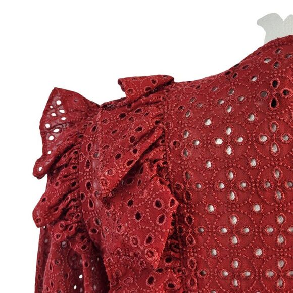 Robert Rodriguez Size 2 Designer Red Top Embroidered Eyelets Ruffles BOHO - Picture 11 of 16